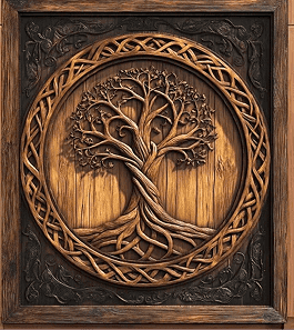 Intricate carved wooden tree design.